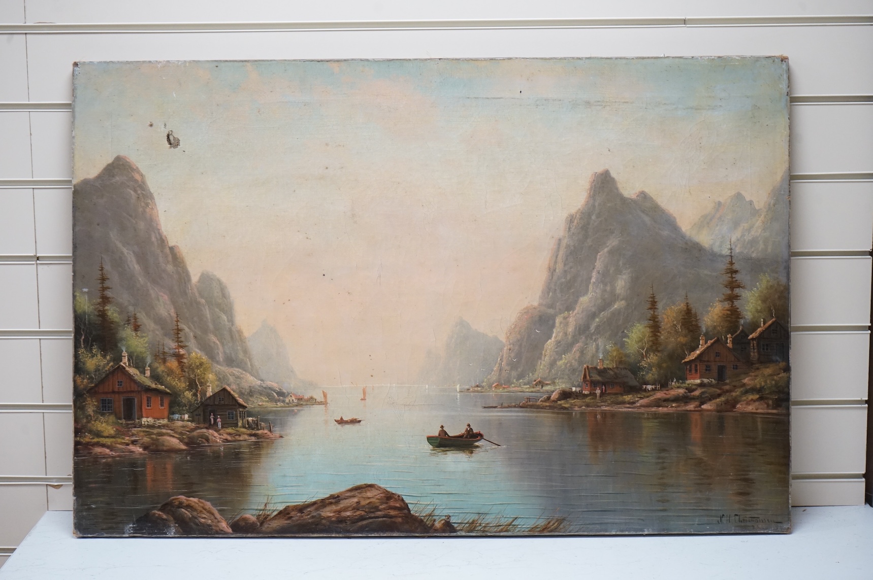 Niels Hans Christiansen (Dutch, 1850-1922), oil on canvas, Continental mountainous riverscape, signed, 60 x 91cm, unframed
